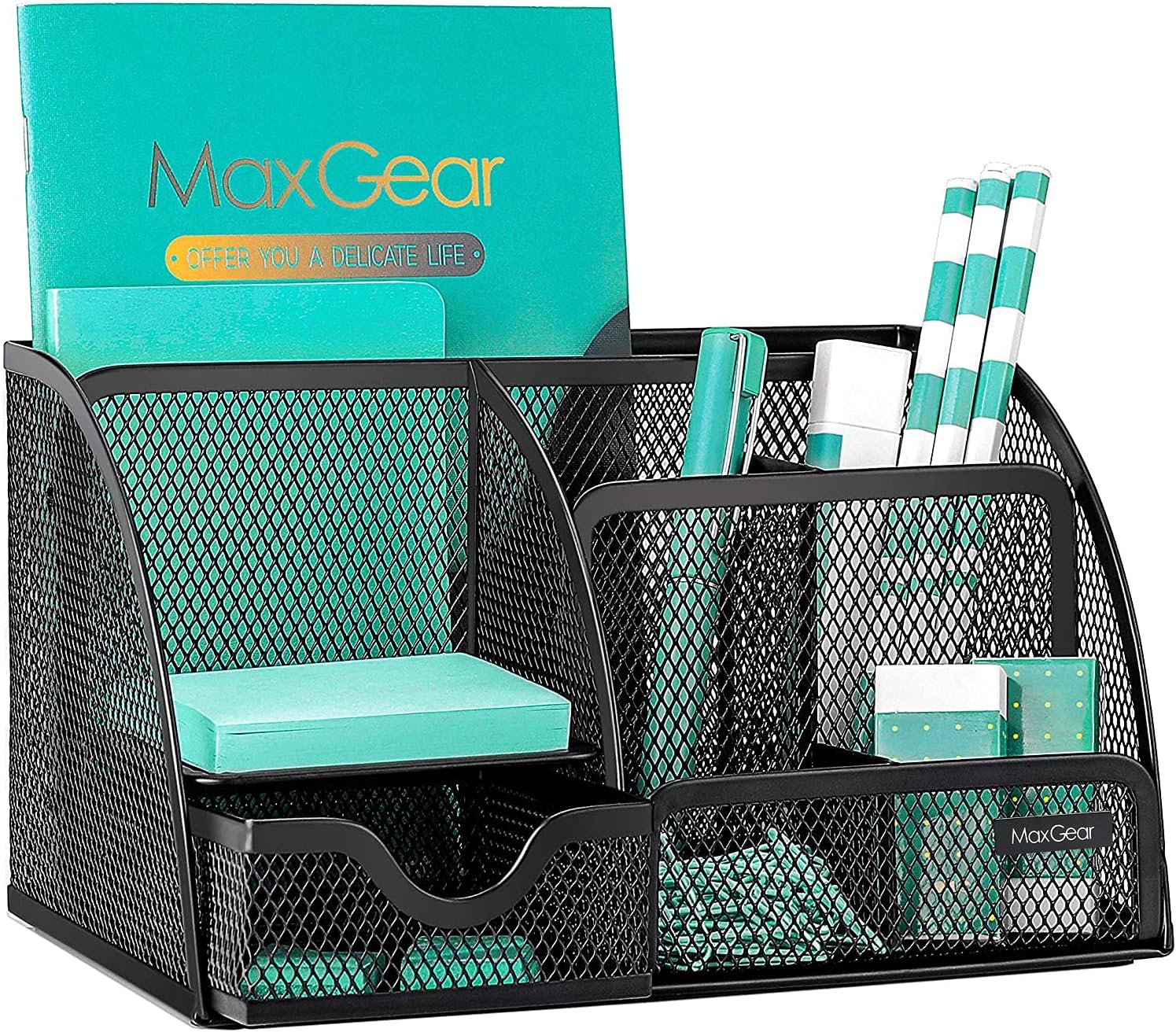 230527220749058_1 MaxGear Mesh Desk Organizer Office Desktop Organizer with Drawer, Metal Stationary Organizer Black Desk Caddy, 6 Compartments, 8.7 x 5.5 x 5 inch, 1 Pack - Image 1